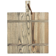 J.K. Adams | 1761 Ash Driftwood Square Serving Board with handle and leather strap, featuring light-toned planks, ideal for kitchen decor and versatile serving.