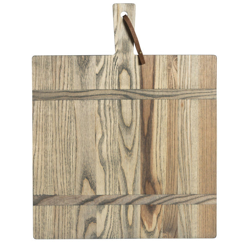 J.K. Adams | 1761 Ash Driftwood Square Serving Board with handle and leather strap, featuring light-toned planks, ideal for kitchen decor and versatile serving.