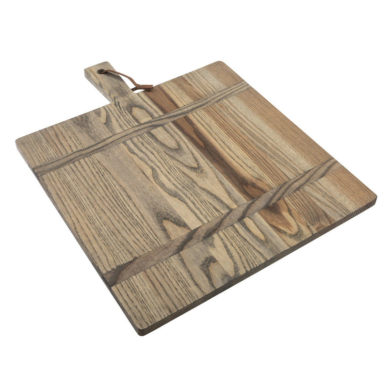 J.K. Adams | 1761 Ash Driftwood Square Serving Board with handle and leather loop, ideal for serving cheeses or charcuterie, a standout piece for kitchen decor.