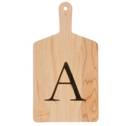 J.K. Adams | Monogrammed Maple Cheese Board, Letter A: A light-wood paddle-style board with a handle, featuring a bold A and a navy grosgrain ribbon.