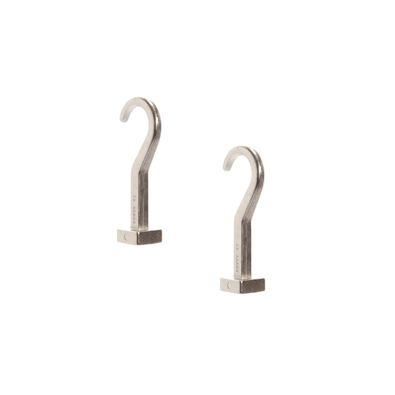 J.K. Adams Pot Hooks, nickel-plated, S-shaped with flat locking block, designed for compatibility with pot racks; sold in sets of 2, ideal for versatile pan hanging.