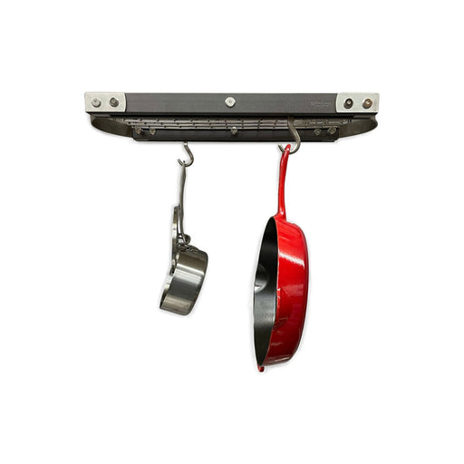 J.K. Adams | Small Maple Hanging Oval Pot Rack, Gray features a wall-mounted rack with S-hooks holding a saucepan and red frying pan, ideal for organized kitchen display.