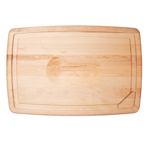 J.K. Adams Maple Reversible Pour Spout Carving Board, Medium, features a juice-catching groove, angled channel, and pour spouts on both sides for efficient carving and juice collection.
