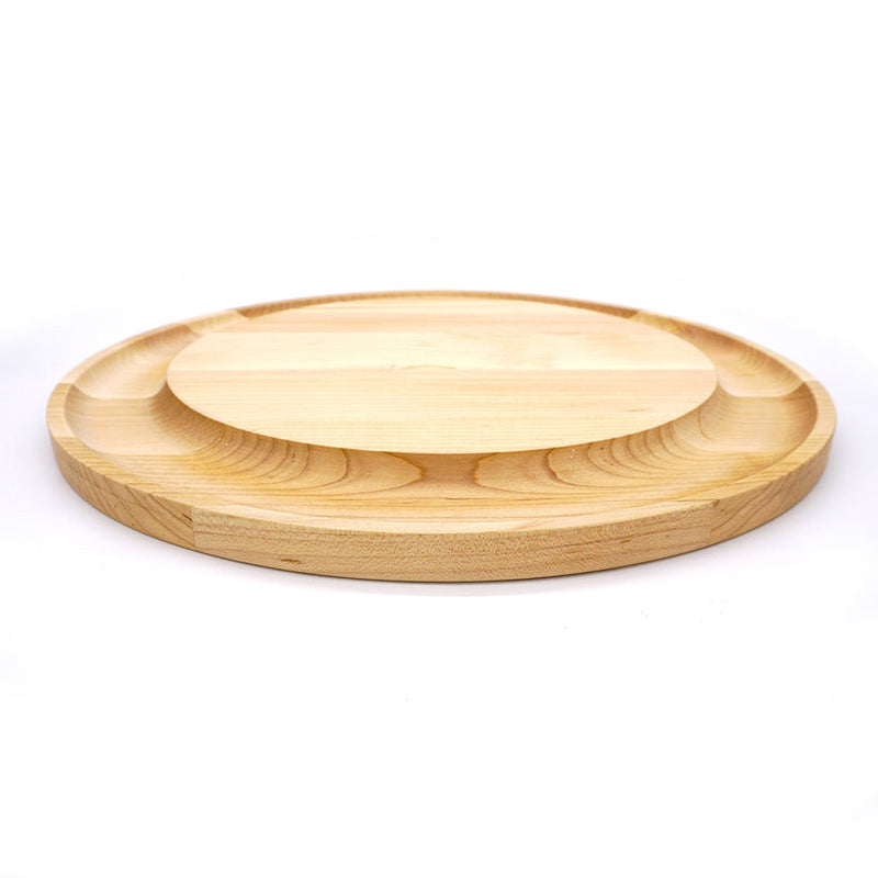 J.K. Adams | Maple Round Cheese Board with Cracker Groove features a circular design with compartmentalized edges and an elevated center for elegant cheese and appetizer presentation.