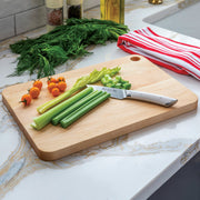 J.K. Adams | Large Maple Prep Cutting Board with celery, cherry tomatoes, and a knife, showcasing a versatile meal prep scene for Athens Cooks' curated kitchen tools.