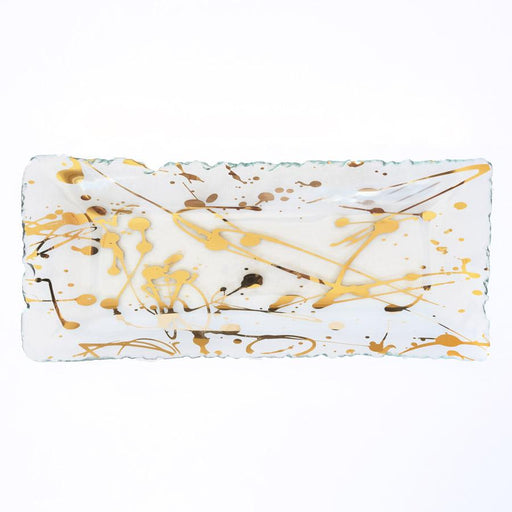 Annie Glass | Jaxson Appetizer Tray features artisanal, abstract 24kt gold splashes on clear glass, with uneven edges for a unique, modern serving piece.