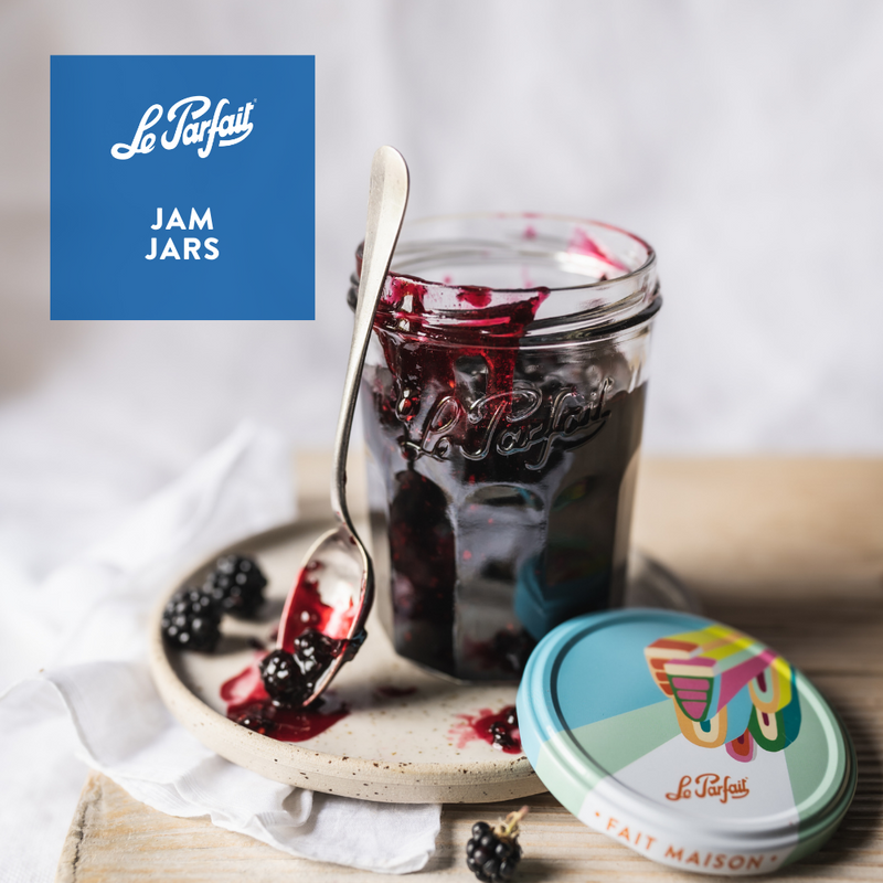 Le Parfait | Faceted French Jam Jar, 324ml (11oz) with blackberry jam, spoon, and fresh berries on a plate, highlighting its airtight lid and classic design.