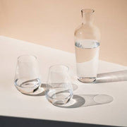 Richard Brendon | Jancis Robinson Stemless Wine & Water Glass Set of 2, featuring two elegant glasses and a sleek glass bottle, perfect for sophisticated dining.