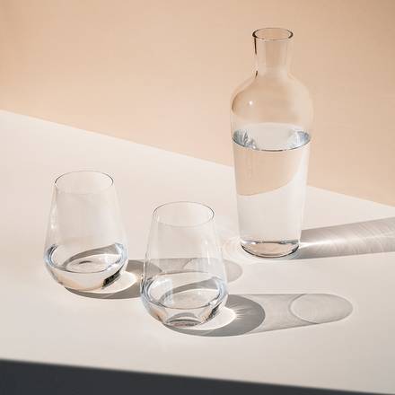 Richard Brendon | Jancis Robinson Stemless Wine & Water Glass Set of 2, featuring two elegant glasses and a sleek glass bottle, perfect for sophisticated dining.