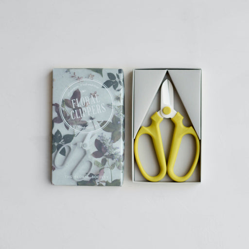 The Floral Society | Japanese Floral Clippers, Citrine, in box with decorative packaging, ideal for precise flower trimming, handcrafted and ergonomic, perfect for garden tasks.