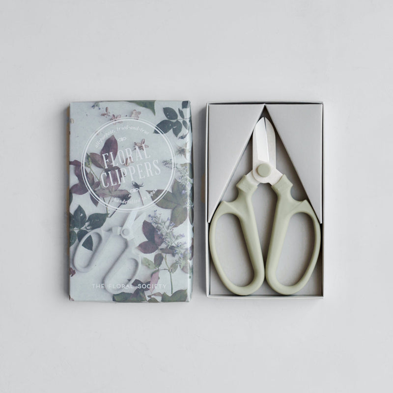 The Floral Society | Japanese Floral Clippers, Citrine, showcased in a grey box with packaging depicting foliage, ideal for precise flower and garden trimming.