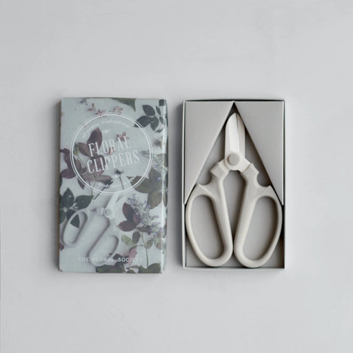 The Floral Society | Japanese Floral Clippers, Fog, in a gift-ready box with ergonomic handles, ideal for precise cutting of herbs and flowers.