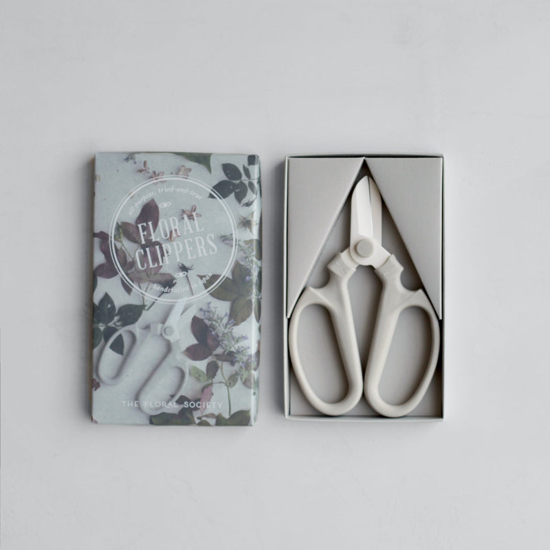 The Floral Society | Japanese Floral Clippers, Citrine, featuring a white-handled design in an elegant floral-themed box, ideal for precision gardening and flower trimming.