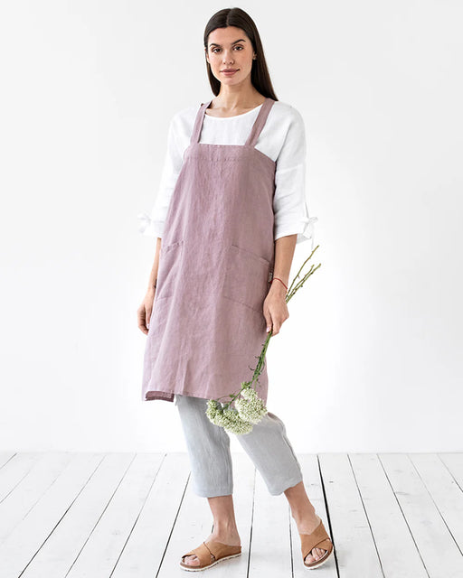MagicLinen Japanese Cross-Back Linen Apron L-XL in Woodrose, featuring durable fabric and two side pockets for cooking or gardening.