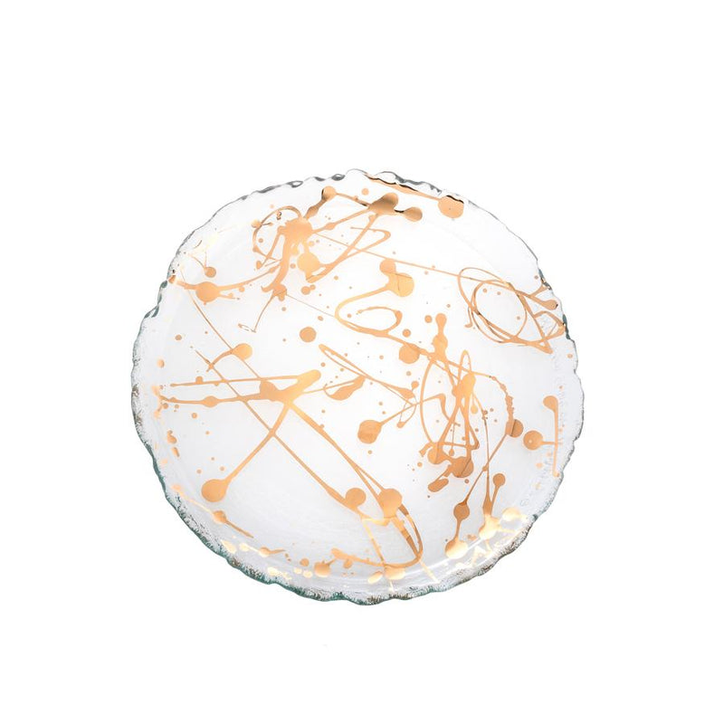 Annie Glass | 7.5 Small Plate with 24k gold splatters, clear-edged, handcrafted, durable, chip-resistant glass, viewed against a white backdrop, ideal for elegant dining.