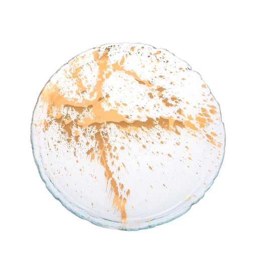 Annie Glass | 9.5 Medium Plate with 24k gold splatters on glass, showcasing a handcrafted, artisanal design perfect for elegant dining settings.