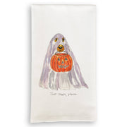 French Graffiti | Just Treats Please Ghost guest towel featuring a ghost holding a pumpkin design, ideal for adding charm and elegance to your kitchen or guest bathroom.