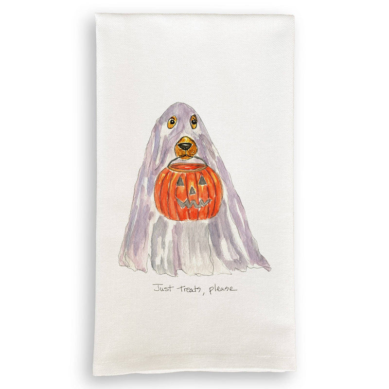 French Graffiti | Just Treats Please Ghost guest towel featuring a ghost holding a pumpkin design, ideal for adding charm and elegance to your kitchen or guest bathroom.