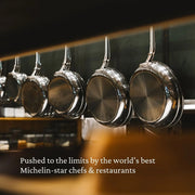 Hestan | Cookware, 12.5 Titanium Skillet in a professional kitchen, showcasing its durable, innovative design highlighted by Michelin-star chefs.