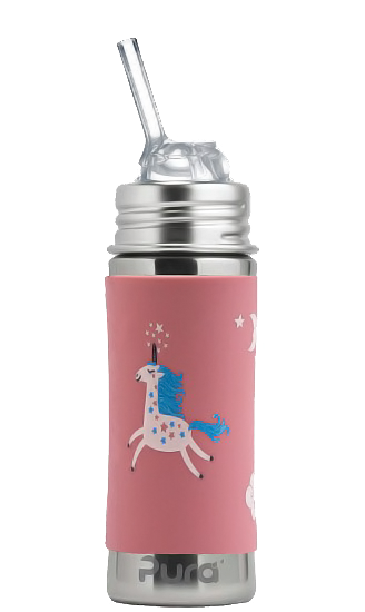PURA STAINLESS | Kiki® 11oz Straw Bottle, Rose: A stainless-steel bottle with a pink unicorn silicone sleeve and spill-resistant lid, ideal for versatile, toxin-free hydration.