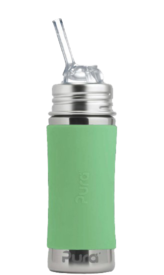 PURA STAINLESS | Kiki® 11oz Straw Bottle features a stainless steel body, green silicone sleeve, and removable clear straw/spout lid, ensuring safety and adaptability for growing children.