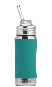 PURA STAINLESS | Kiki® 11oz Straw Bottle features a stainless steel body with teal silicone sleeve and clear straw lid, highlighting its versatile, plastic-free design.