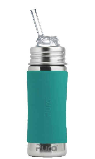 PURA STAINLESS | Kiki® 11oz Straw Bottle features a stainless steel body with teal silicone sleeve and clear straw lid, highlighting its versatile, plastic-free design.