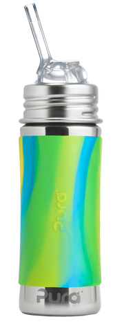PURA STAINLESS | Kiki® 11oz Straw Bottle with green/blue swirl silicone sleeve and clear straw, features durable, plastic-free stainless steel design for toddlers.