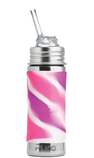 PURA STAINLESS | Kiki® 11oz Straw Bottle, Rose: Stainless-steel, plastic-free toddler bottle with silicone grip and straw lid, ideal for evolving child needs.