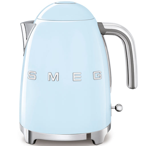Smeg | Kettle - Pastel Blue: Retro-style electric kettle with chrome handle, spout, and SMEG logo. Features a rounded body and on/off switch.