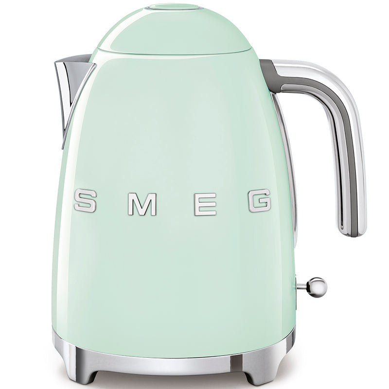 Smeg | Kettle - Pastel Green: Retro-styled electric kettle with chrome accents, featuring SMEG lettering. A stylish addition to Athens Cooks' curated kitchen appliance collection.