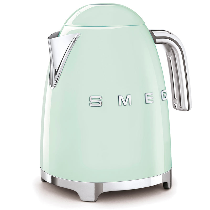 Smeg | Kettle - Pastel Green, featuring a retro design with polished chrome accents, ideal for stylish kitchens. Available at Athens Cooks, a curated kitchen store.