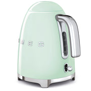 Smeg | Kettle - Pastel Green: Retro-style electric kettle with chrome accents, featuring a water-level gauge ranging from 0.5L to 1.7L.