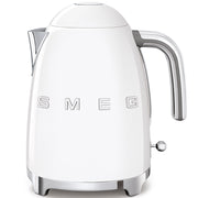 Smeg | Kettle - White: Retro 50's style electric kettle with chrome accents, embossed logo, and 360° swivel base, blending iconic design with modern features.