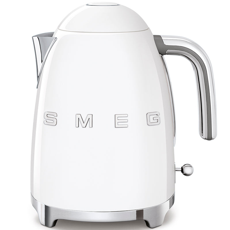 Smeg | Kettle - White: Retro 50's style electric kettle with chrome accents, embossed logo, and 360° swivel base, blending iconic design with modern features.