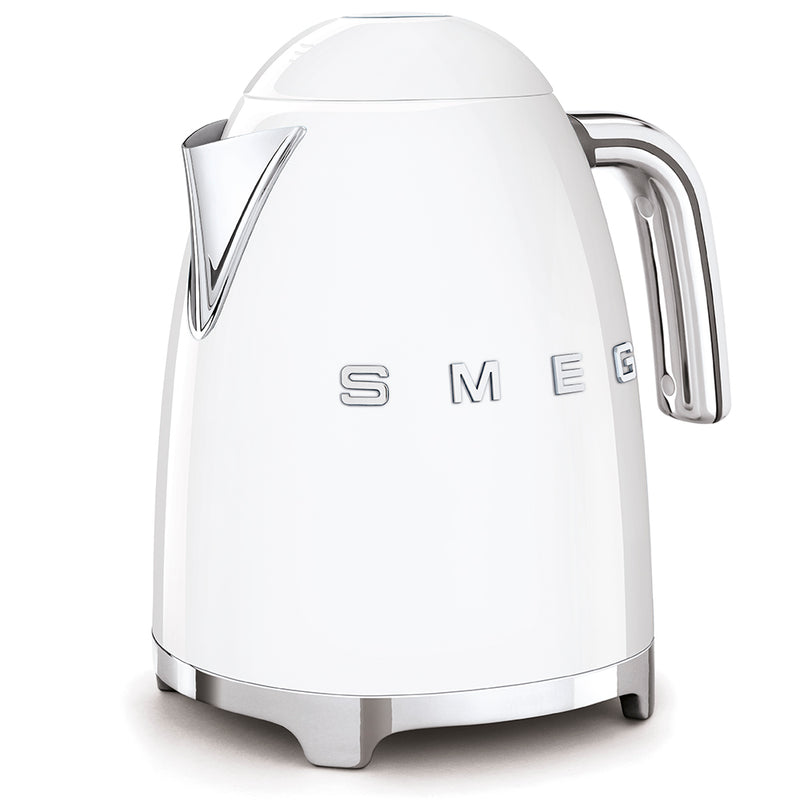 Smeg | Kettle - White: Retro '50s style electric kettle with chrome handle and spout, featuring a 1.7L capacity, Soft Opening lid, and 360° swivel base.