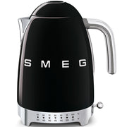 Smeg | Temp Kettle - Black: A 50s retro-style electric kettle featuring chrome handle, temperature markings, SMEG logo, and 1.7L capacity with 7 temperature settings.
