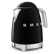 Smeg | Temp Kettle - Black: Retro-style 1.7L electric kettle with temperature dial, ergonomic handle, pointed spout, and polished stainless-steel accents.