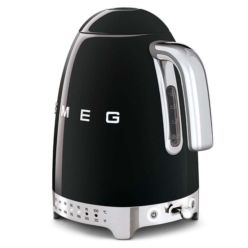 Smeg | Temp Kettle - Black with retro design, chrome accents, temperature dial, and water-level gauge, offers precise brewing.
