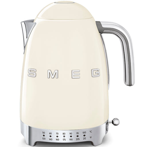 Smeg | Temp Kettle - Cream: Retro-style electric kettle with chrome details, 1.7L capacity, and temperature dial, ideal for precise tea and coffee brewing.