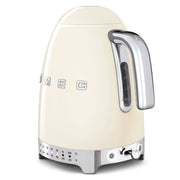 Smeg | Temp Kettle - Cream: Retro electric kettle with chrome accents, temperature dial, and SMEG logo, ideal for precise brewing with safety features.