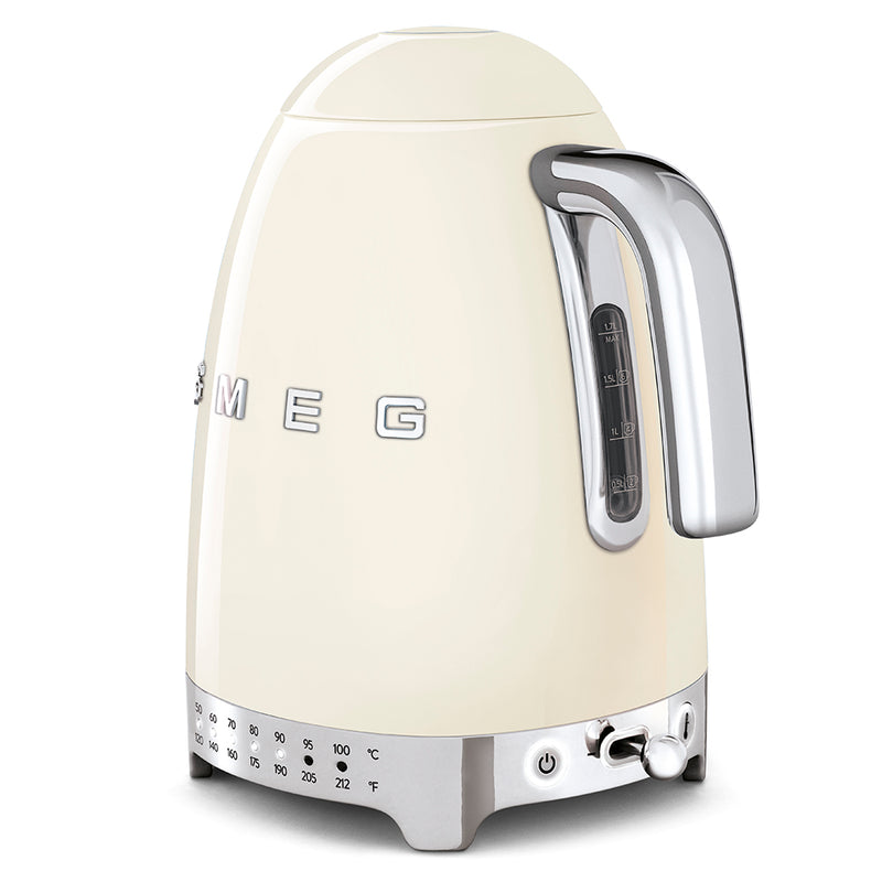 Smeg | Temp Kettle - Cream: Retro electric kettle with chrome accents, temperature dial, and SMEG logo, ideal for precise brewing with safety features.