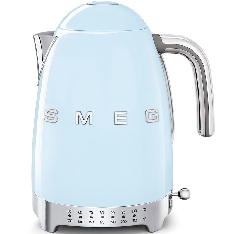 Smeg | Temp Kettle - Pastel Blue: Retro-styled electric kettle with a chrome handle, 1.7L capacity, 7 temperature settings, and a 360° swivel base for convenience.
