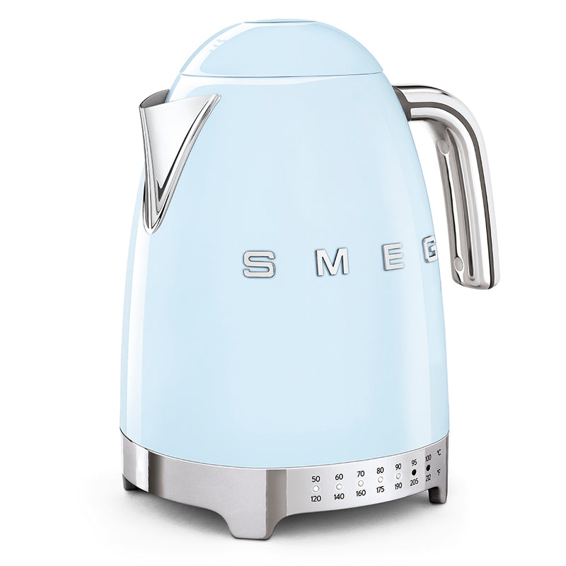 Smeg | Temp Kettle - Pastel Blue features a retro design, chrome handle, and 7 temperature settings, perfect for stylish and versatile tea preparation.