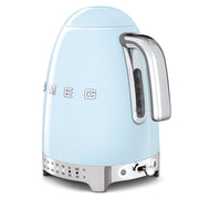 Smeg | Temp Kettle - Pastel Blue, a retro-style, cordless electric kettle with a chrome handle, water-level gauge, and 7 temperature settings, ideal for effortless hot drink preparation.