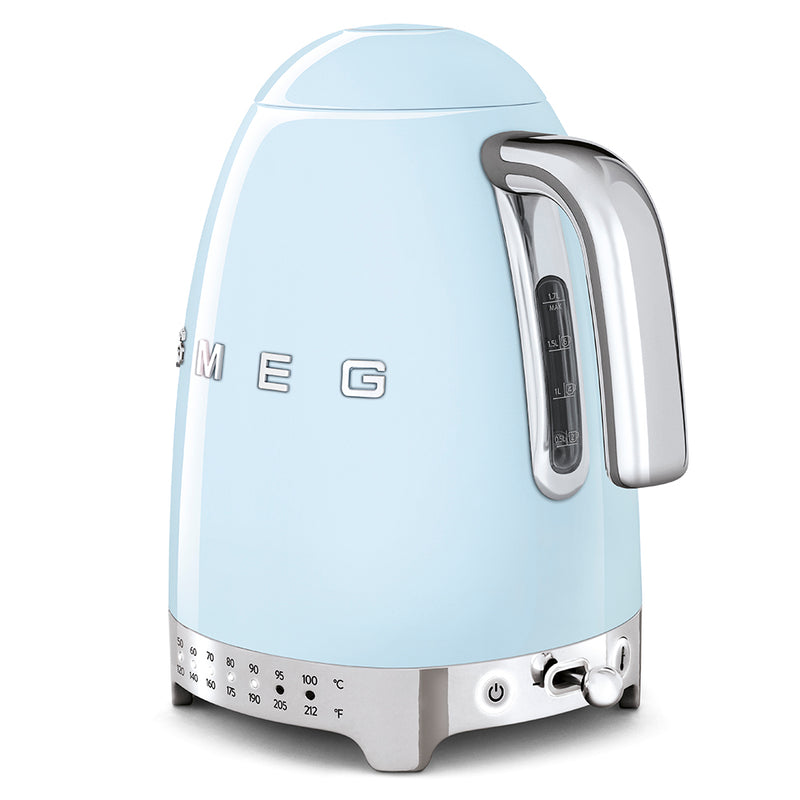 Smeg | Temp Kettle - Pastel Blue, a retro-style, cordless electric kettle with a chrome handle, water-level gauge, and 7 temperature settings, ideal for effortless hot drink preparation.