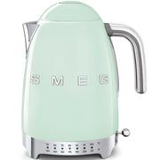 Smeg | Temp Kettle - Pastel Green with chrome accents, featuring a 1.7L capacity, temperature dial, and removable filter, ideal for precise brewing.