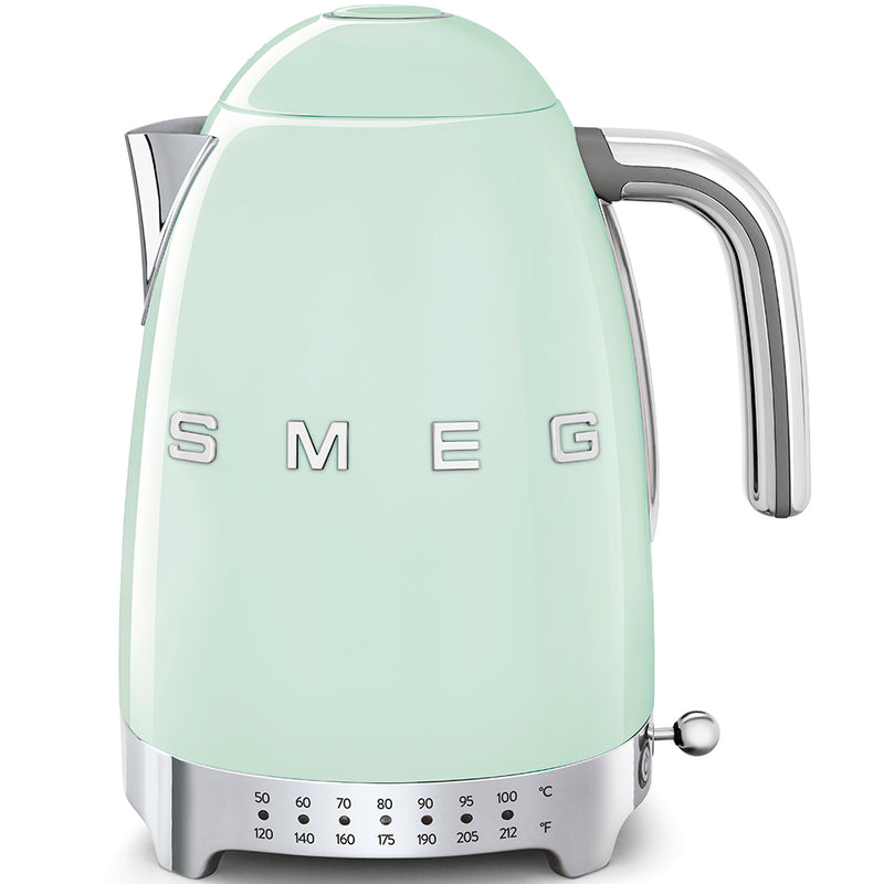 Smeg | Temp Kettle - Pastel Green with chrome accents, featuring a 1.7L capacity, temperature dial, and removable filter, ideal for precise brewing.