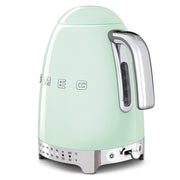 Smeg | Temp Kettle - Pastel Green, featuring a vintage design, chrome handle, and temperature-control base, perfect for brewing with style and precision.