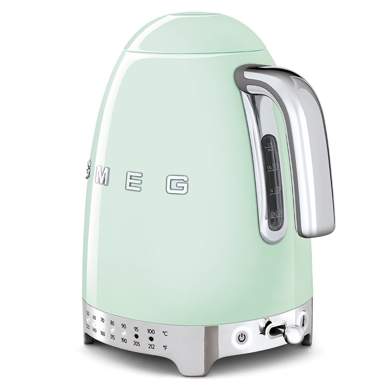 Smeg | Temp Kettle - Pastel Green, featuring a vintage design, chrome handle, and temperature-control base, perfect for brewing with style and precision.